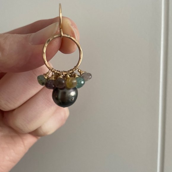 Handmade Tahitian Pearl and Tourmaline Cluster Earrings - Picture 3 of 5